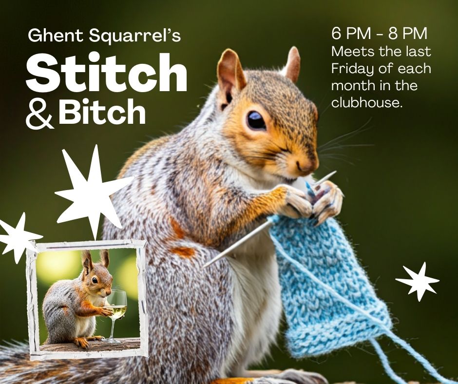 squirrel knitting and drinking wine