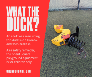 broken duck playground equipment on ground