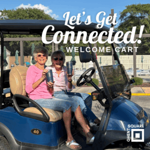 Bonnie and Nancy welcome new Ghent Square residents with their Welcome Cart